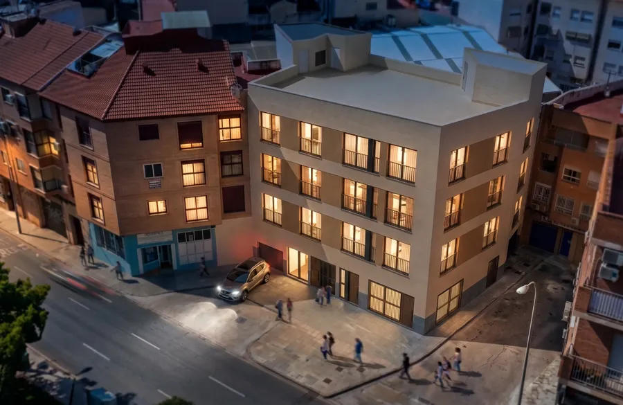 Render exterior: Vista aérea · noche